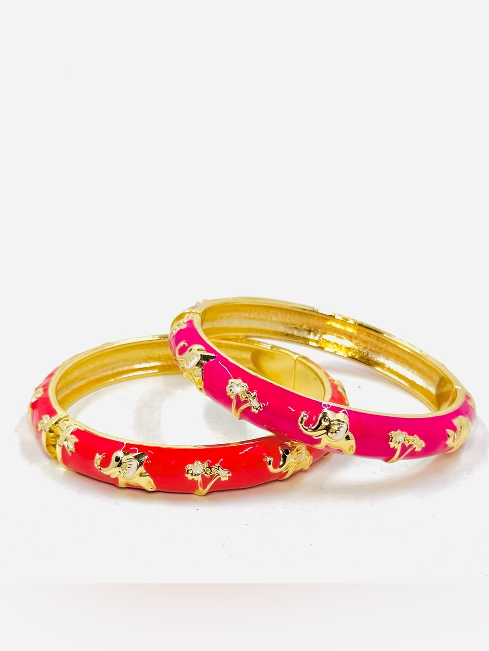 Gold-Tone Pink & Red Enamel Elephant Bangle Clamper Set 7” NWOT